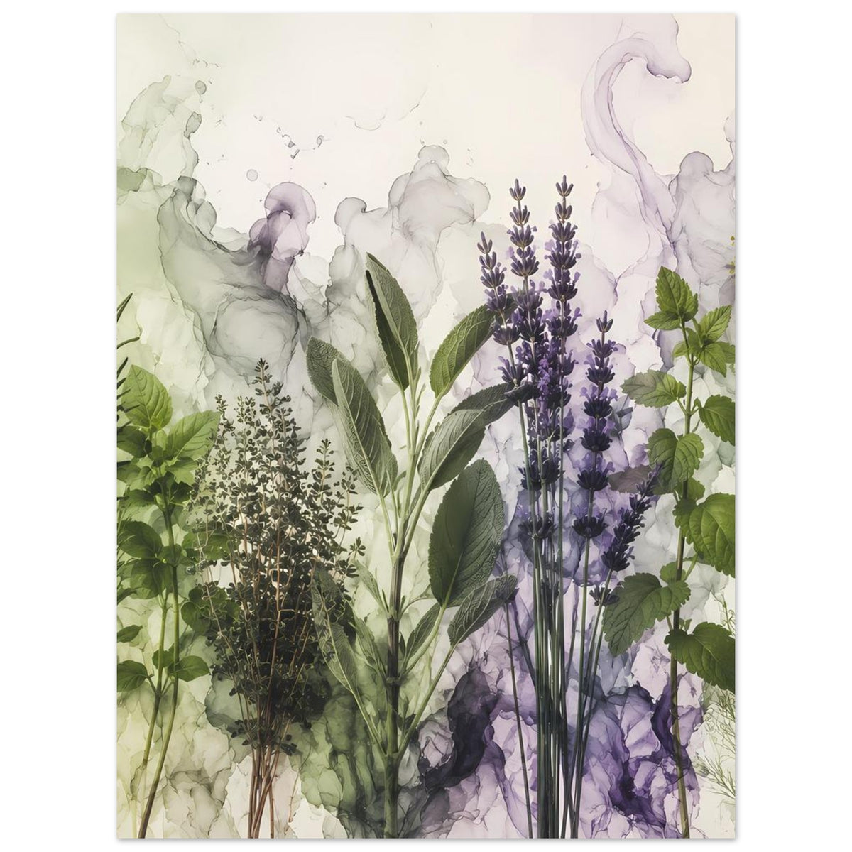 Botanisches Poster mit Lavendelblüten, grünen Kräutern und pastelligem Aquarell, Hochformat