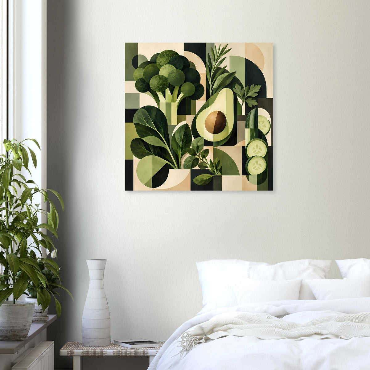 Geometrisches Gemüse-/Pflanzenposter mit grünen Kugeln und Avocado-Ausschnitt