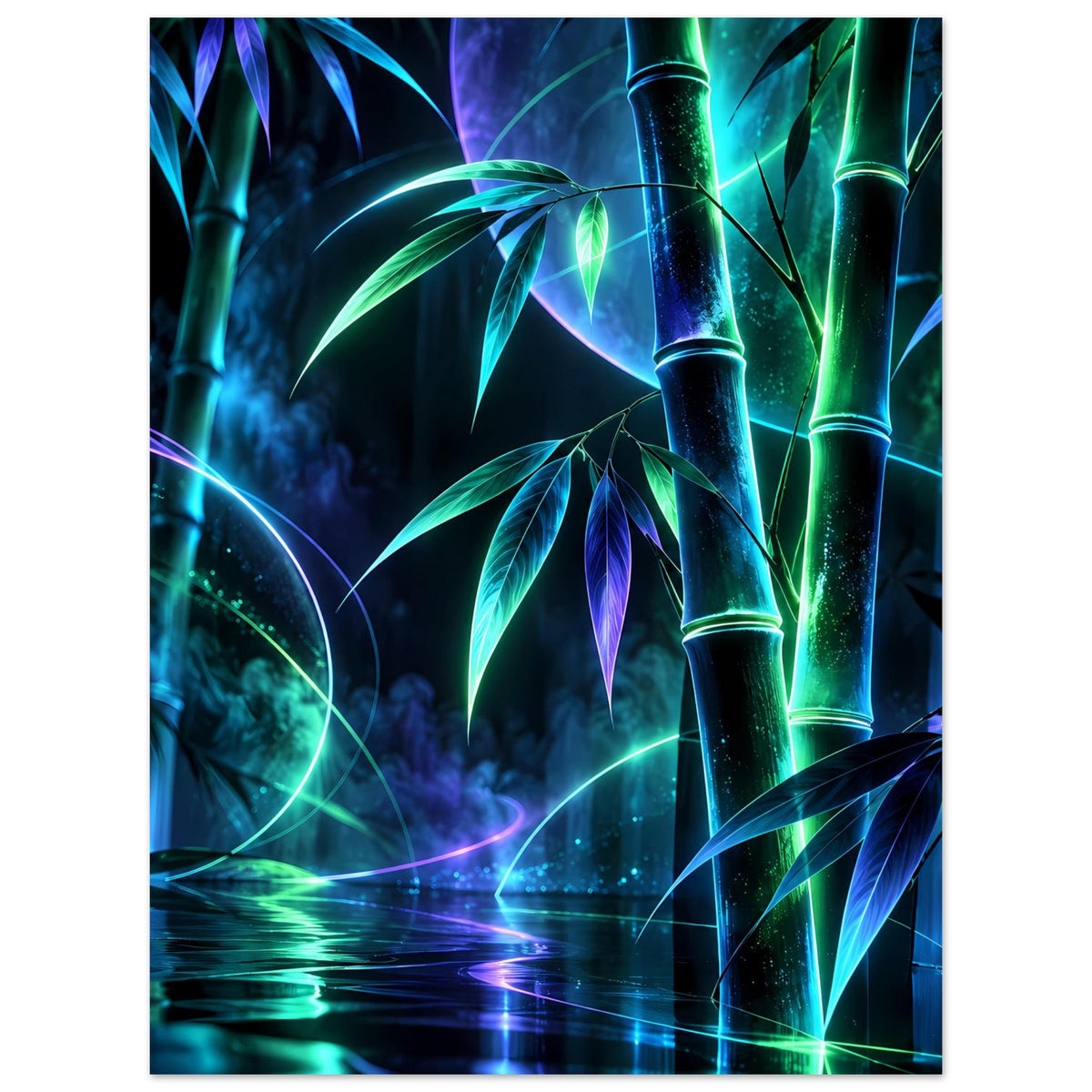 Leuchtendes Neon-Bambusposter, hochformatig: leuchtende Bambusstämme in Grün, Blau und Lila.