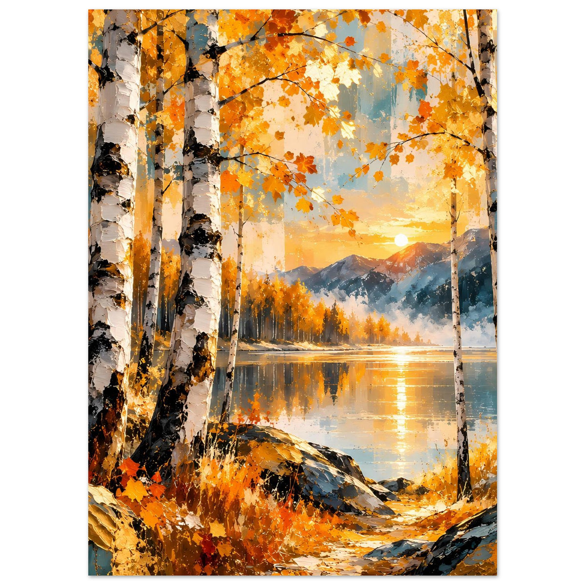 Herbstlandschafts-Poster mit Birken und orangefarbenen Blättern entlang des Ufers
