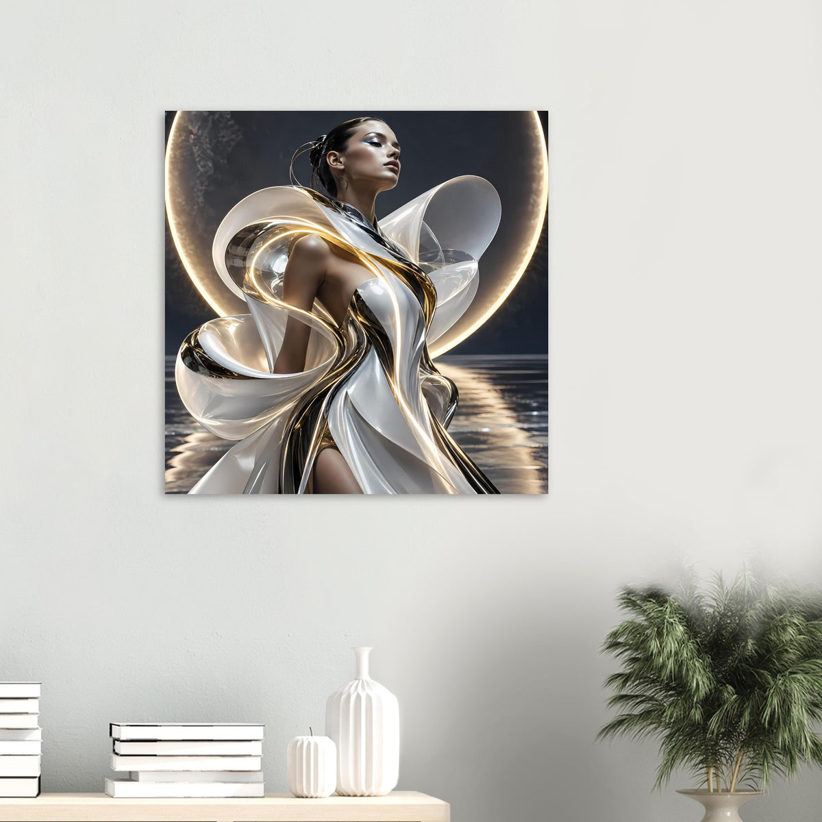 Abstraktes Poster im Querformat: silberne Metallspiralen mit goldenen Highlights vor Figur