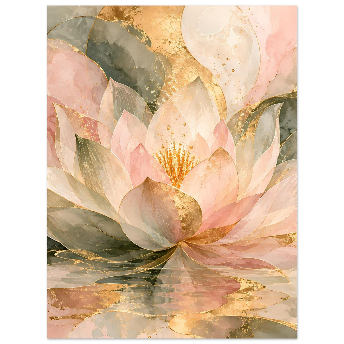 Lotusblüten-Poster mit rosafarbenen Blättern und goldenen Akzenten, mit dünnem Rahmen.