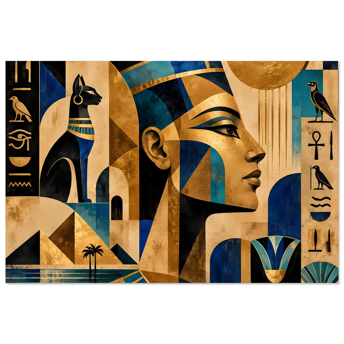Ägyptisch inspiriertes Poster im horizontalen Format mit Profilbild, goldenen Kreisen und Hieroglyphen