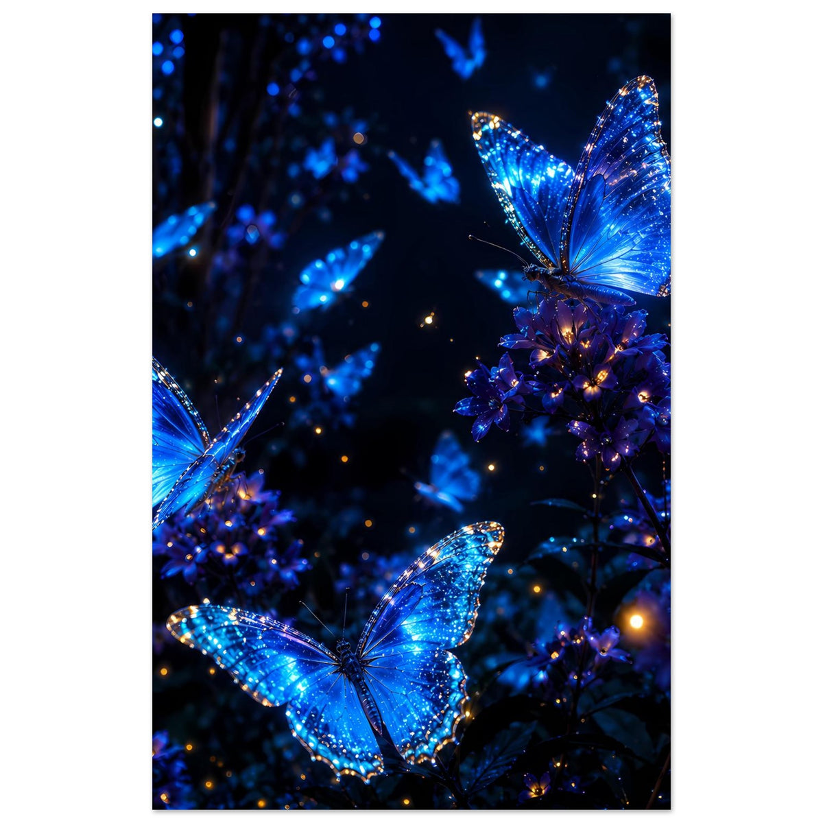 Hochformat-Poster mit leuchtenden blauen Schmetterlingen, blauem Blütenmotiv und feinen Lichtern