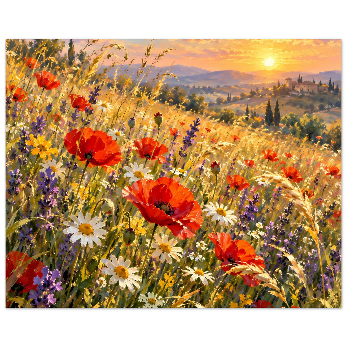 Wildblumen-Poster: bunte Wiesenblumen mit rotem Mohn und lila Blüten im Abendlicht