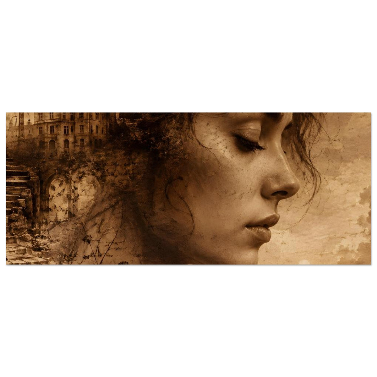 Sepia-Fantasy-Poster, Panorama-Crop: Frauenprofil und Flusslandschaft