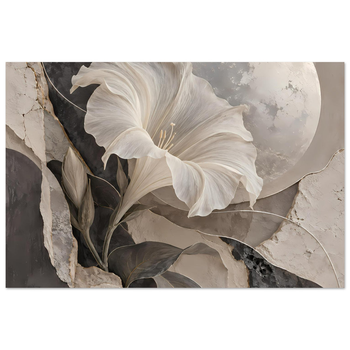 Horizontales Kunstposter mit großer weißer Blüte und Mondkreis im Kunstmotiv