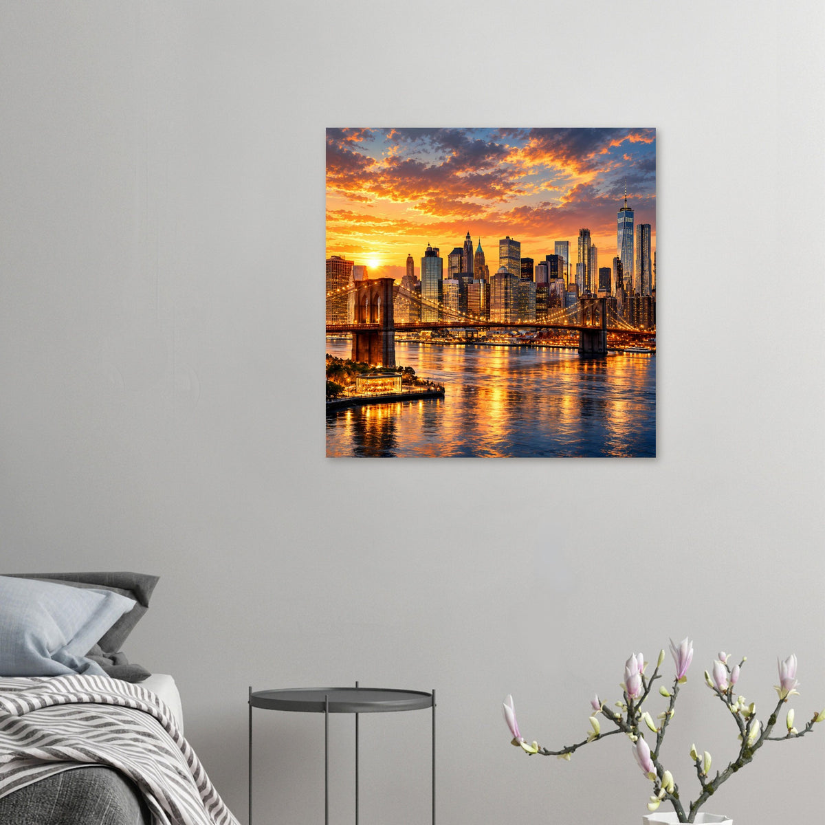 Kleines Poster im Hochformat mit New York Skyline, Brücke über Wasser bei Sonnenuntergang