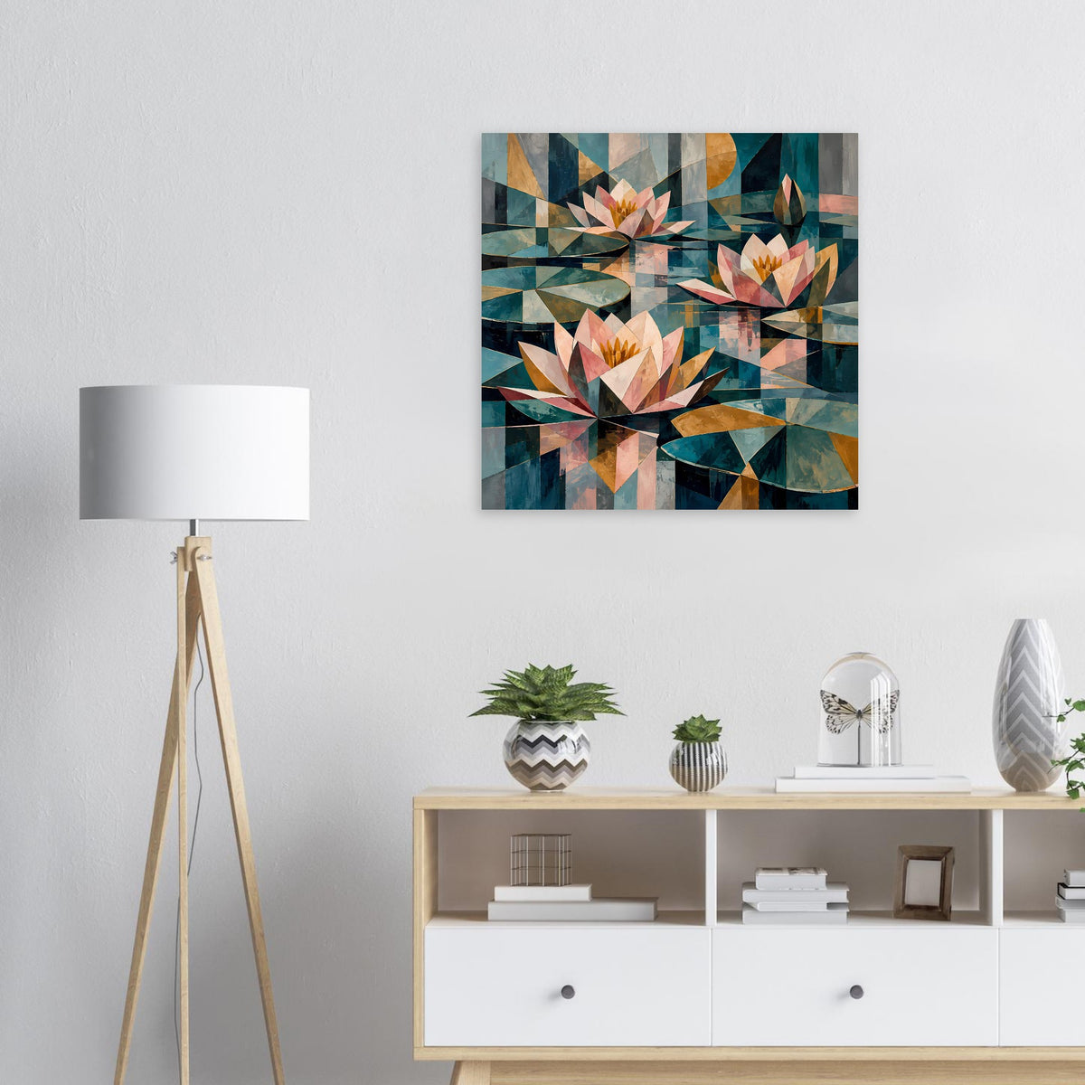 Quadratisches Blumenposter mit geometrischen Seerosen in Petrol- und Pastelltönen