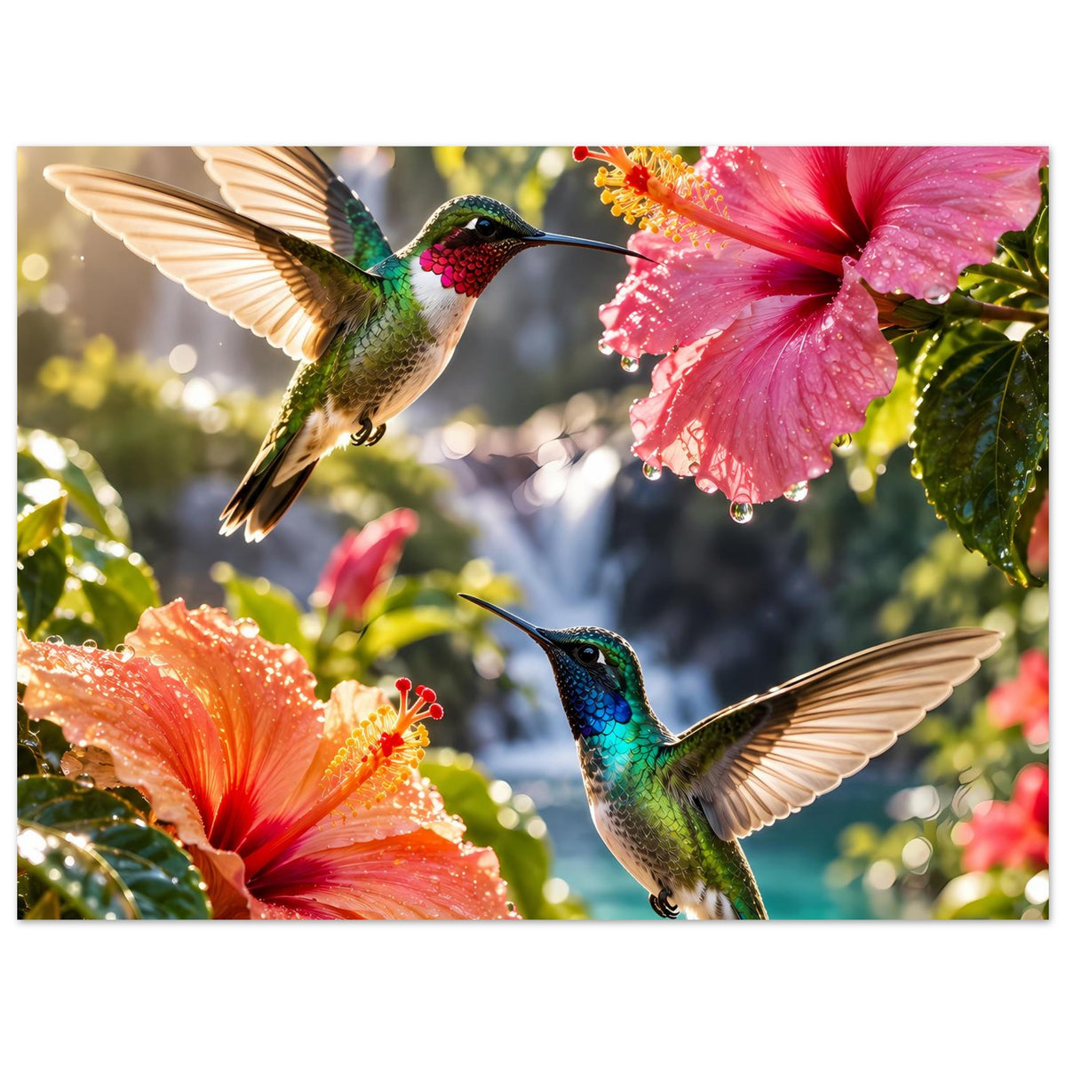 Poster mit Kolibris und Hibiskusblüten, horizontal, mittiger Bildausschnitt