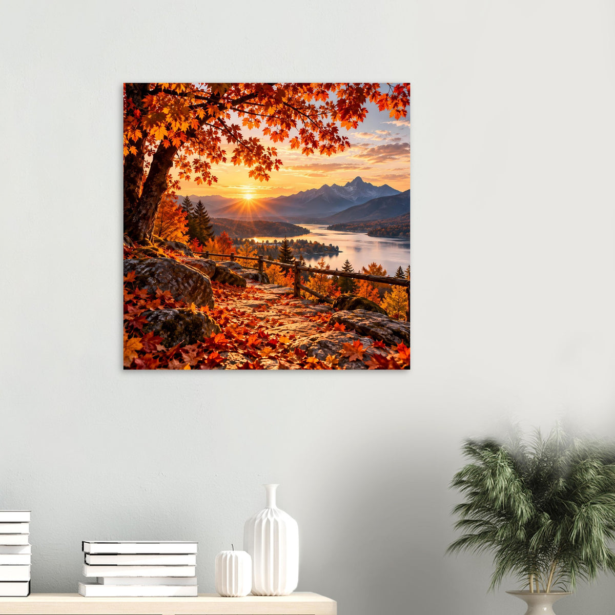 Quadratisches Landschaftsposter mit Herbstblättern, See, Bergkette und Sonne am Horizont.