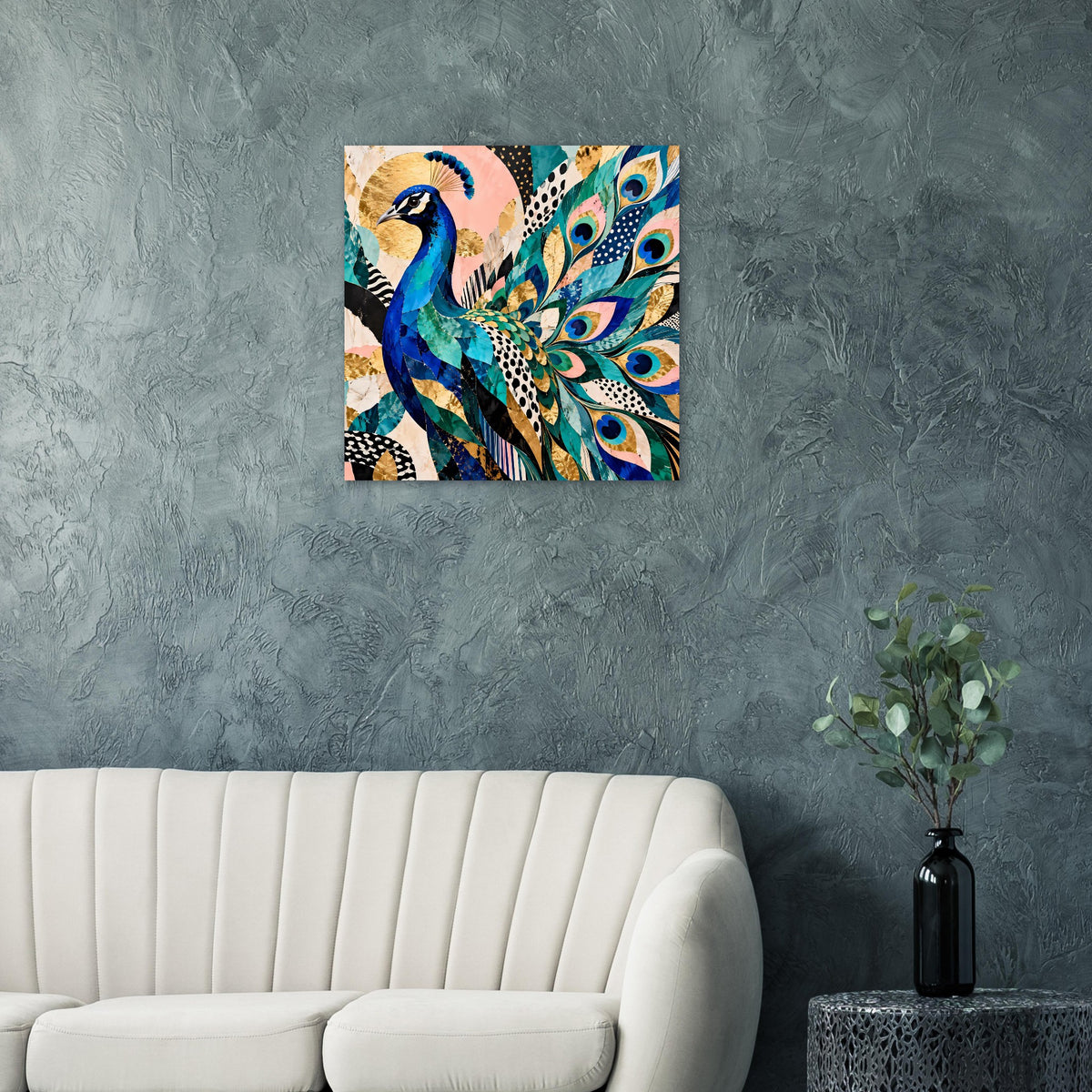 Quadratisches Kunstposter mit Pfau-Motiv in Blau, Türkis und goldenen Elementen