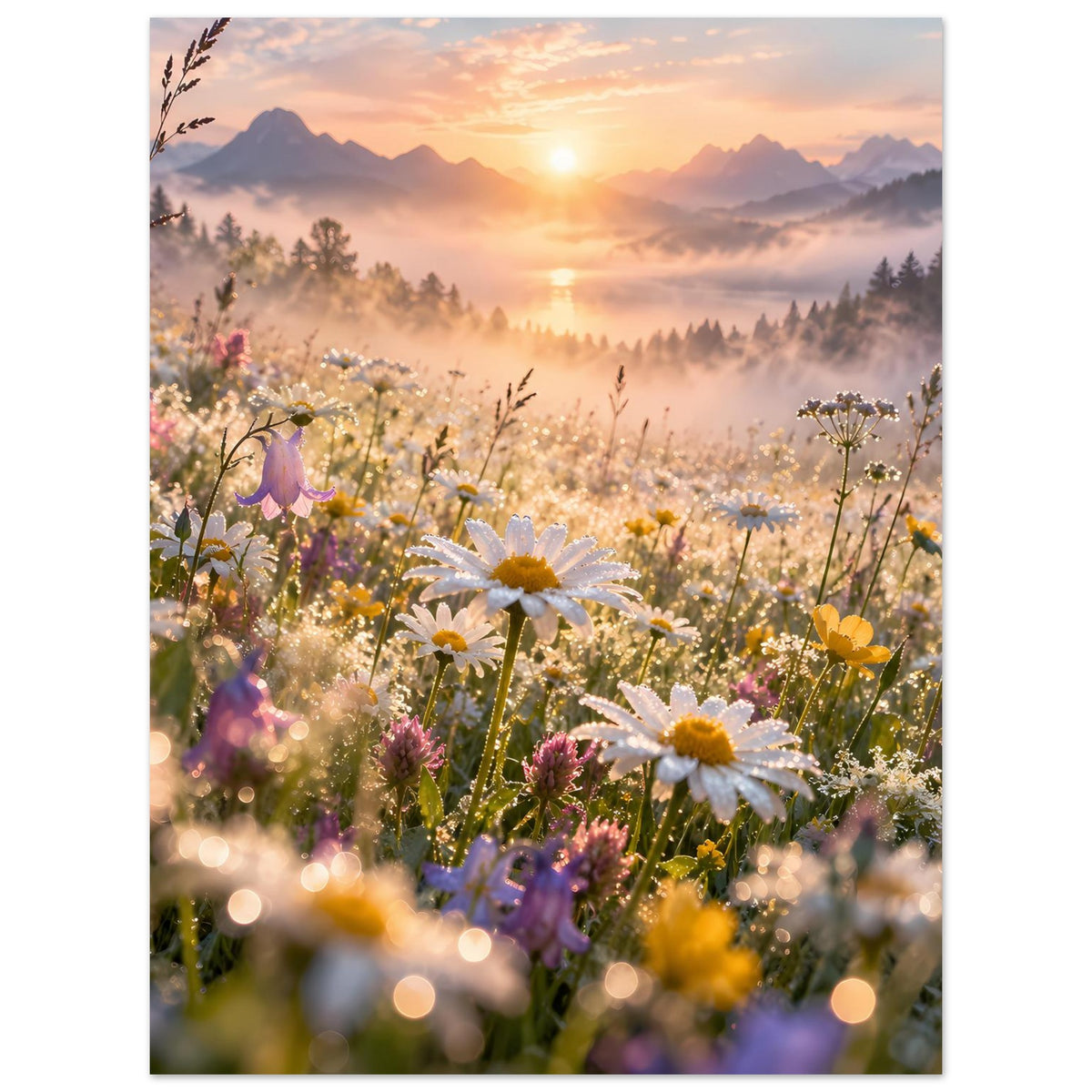 Hochformatiges Poster mit Wildblumenwiese, gelben Gänseblümchen und warmer Morgensonne.