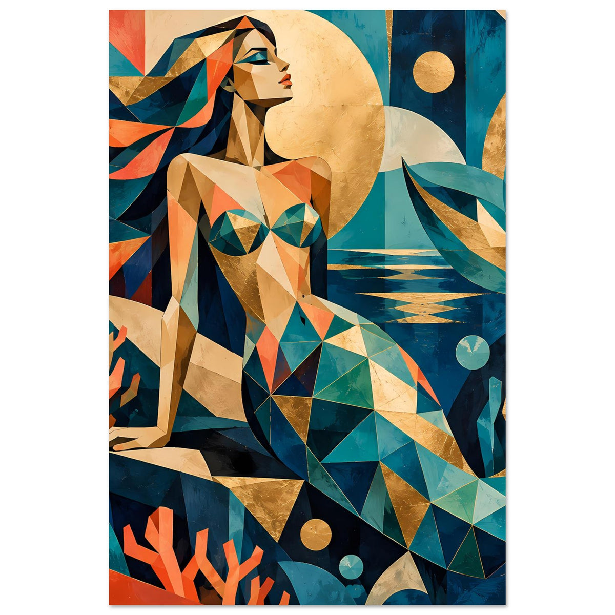 Geometrisches Meerjungfrauen-Kunstposter mit abstrakter Figur, Türkis und Koralle, im Rahmen