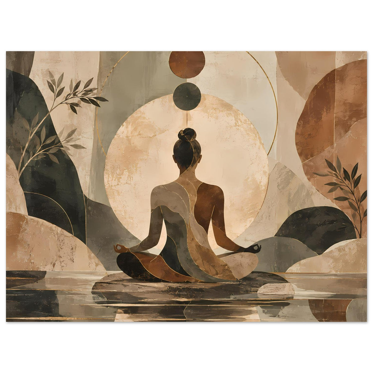 Meditatives Abstract-Poster mit sitzender Figur, goldenen Kreisen und dunklen Blattformen