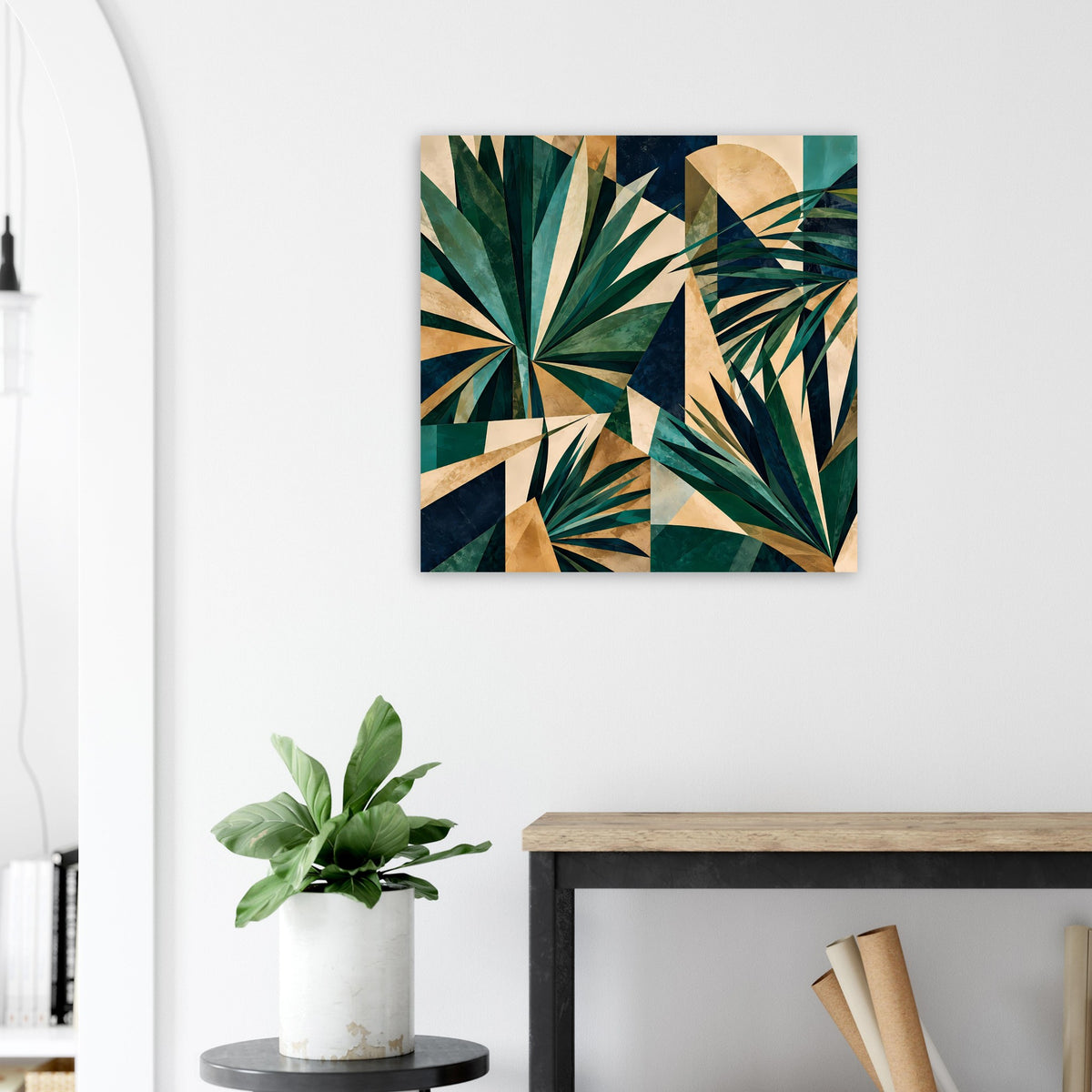 Quadratisches Kunstposter mit geometrischen Blattmustern in tiefem Grün und Gold