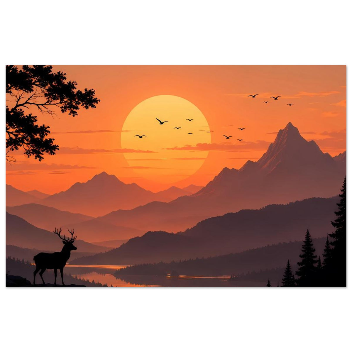 Gerahmtes Poster mit Sonnenuntergang über Bergsee, großer Sonne, Vögeln und Hirsch im Vordergrund