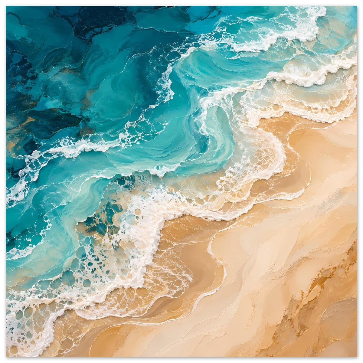 Ozeanposter mit großen Wellenbögen: türkis-blaues Wasser, beiger Strand und weißer Schaum
