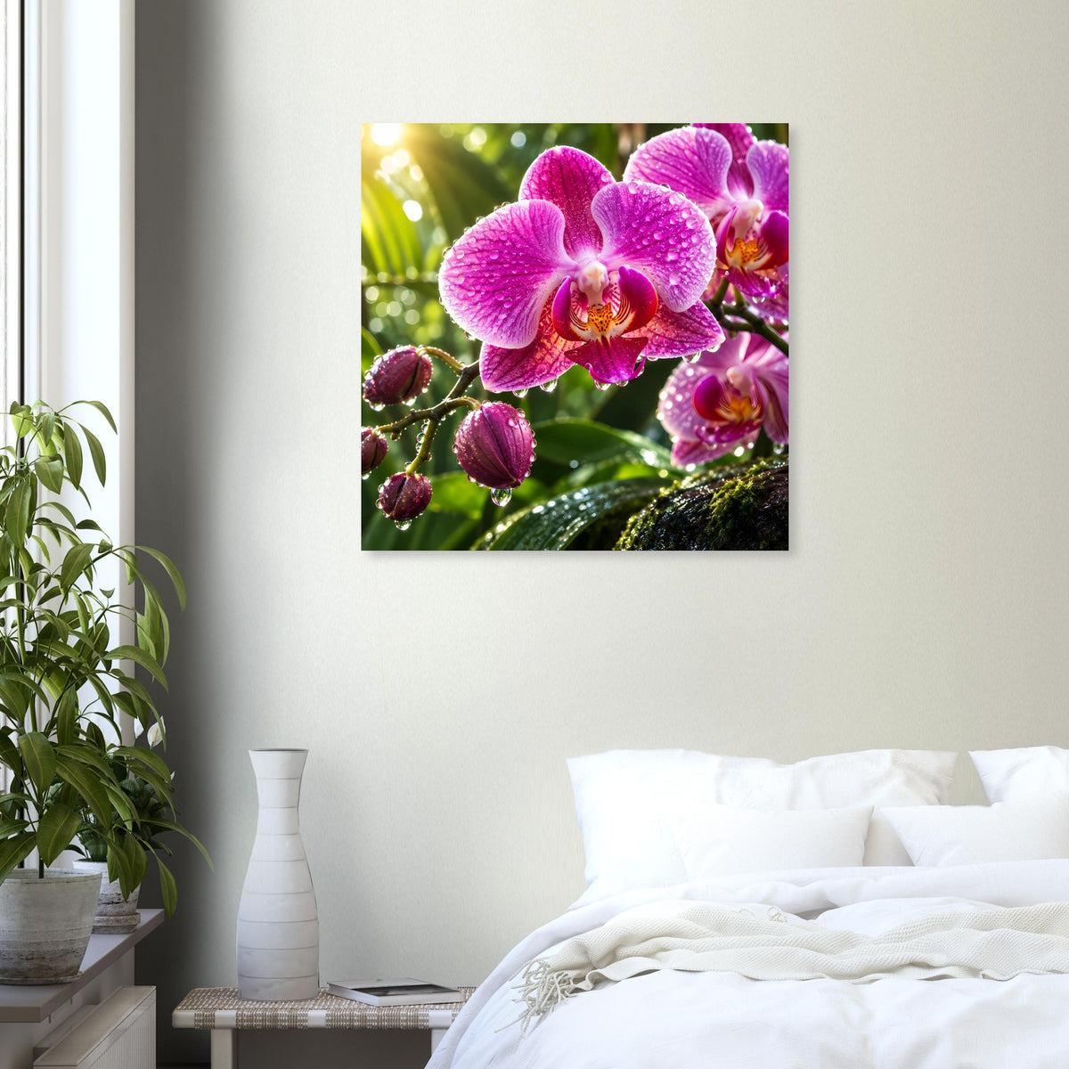 Quadratisches Poster mit pinken Orchideenblüten und sichtbaren, glitzernden Wassertropfen