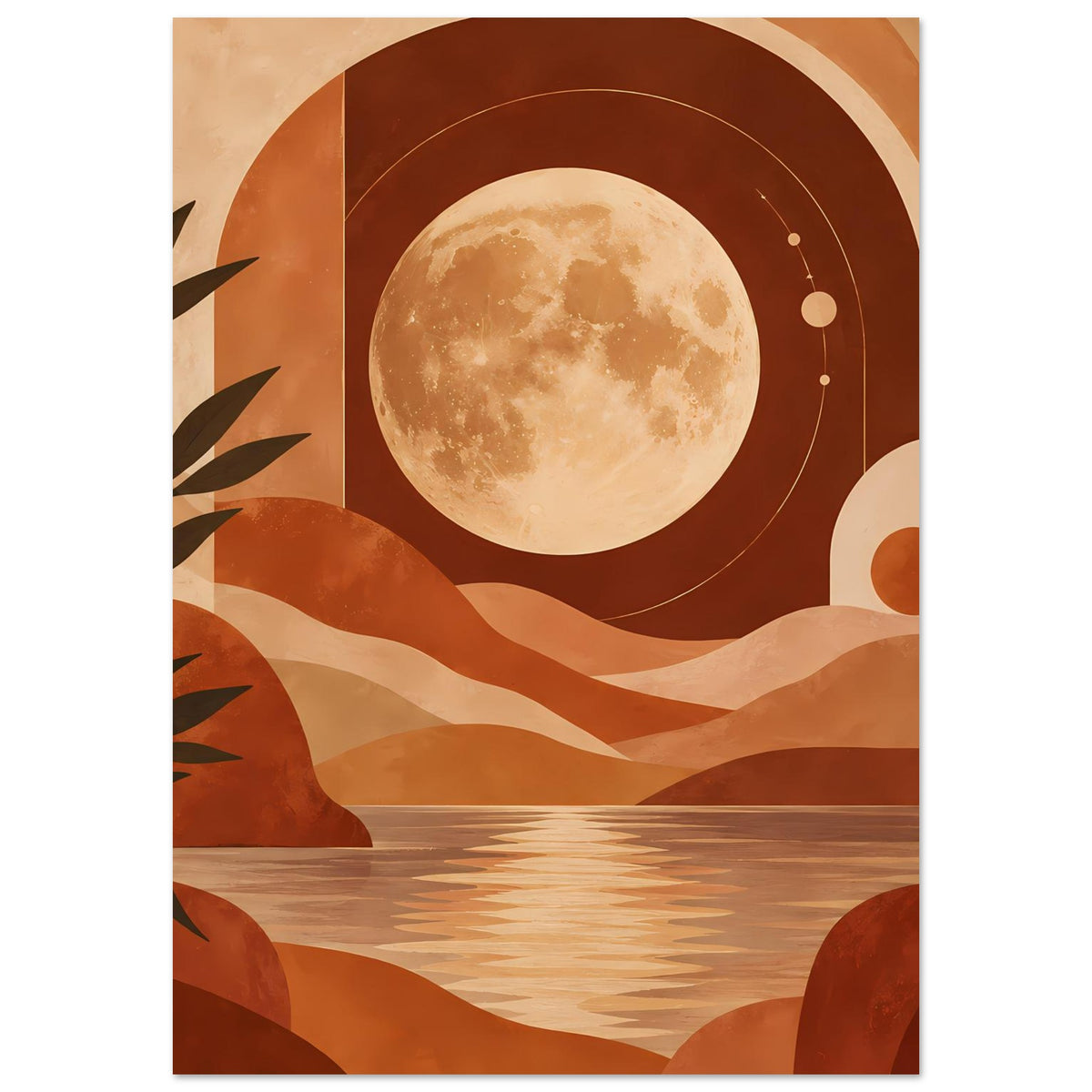 Boho-Poster mit Vollmond, Wüstenhorizont, Wasserstreifen und Palmen in erdigen Farbtönen