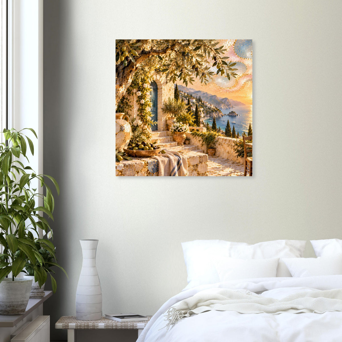 Mosaik-Kunstdruck im Querformat mit mediterraner Terrasse, Olivenlaub, Meer und Abendsonne