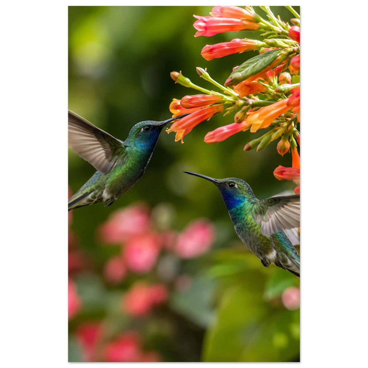 Hochformat-Poster: Kolibris an orangefarbenen Blütenzweigen
