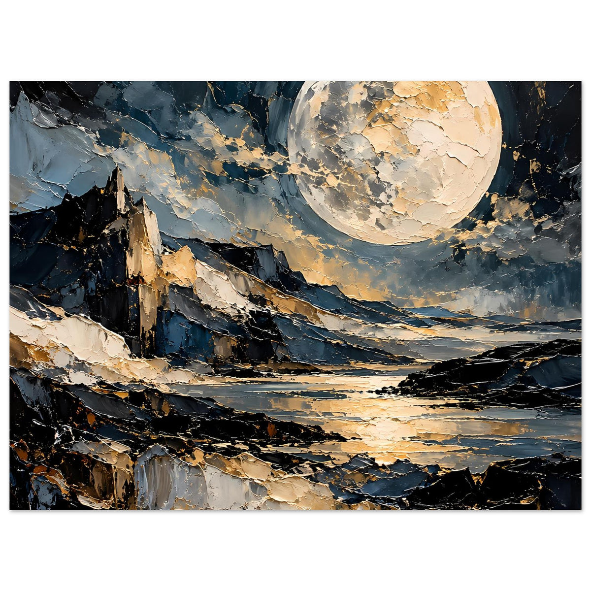 Poster mit Nahansicht auf Mond und Küstenfelsen, goldene Reflexe über dunklem Wasser.