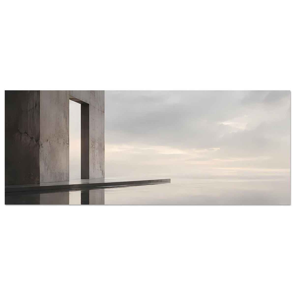 Architektur-Poster im Querformat: Betonstruktur links, horizontale Spiegelung im Wasser