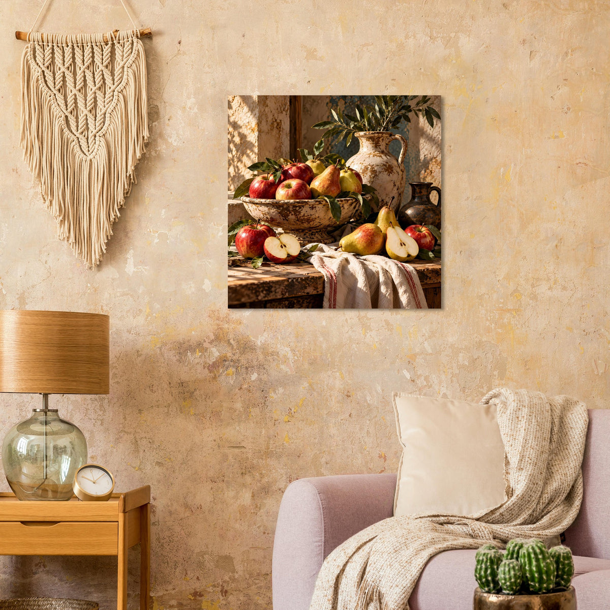 Poster mit Stillleben: Obst und Keramikkanne auf Tisch mit Stoff, warmes Herbstkolorit
