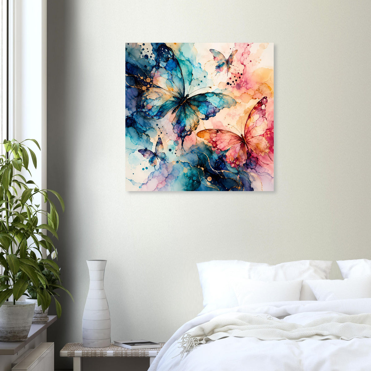 Quadratisches Aquarellposter mit Schmetterlingen in Blau, Türkis und Rosa