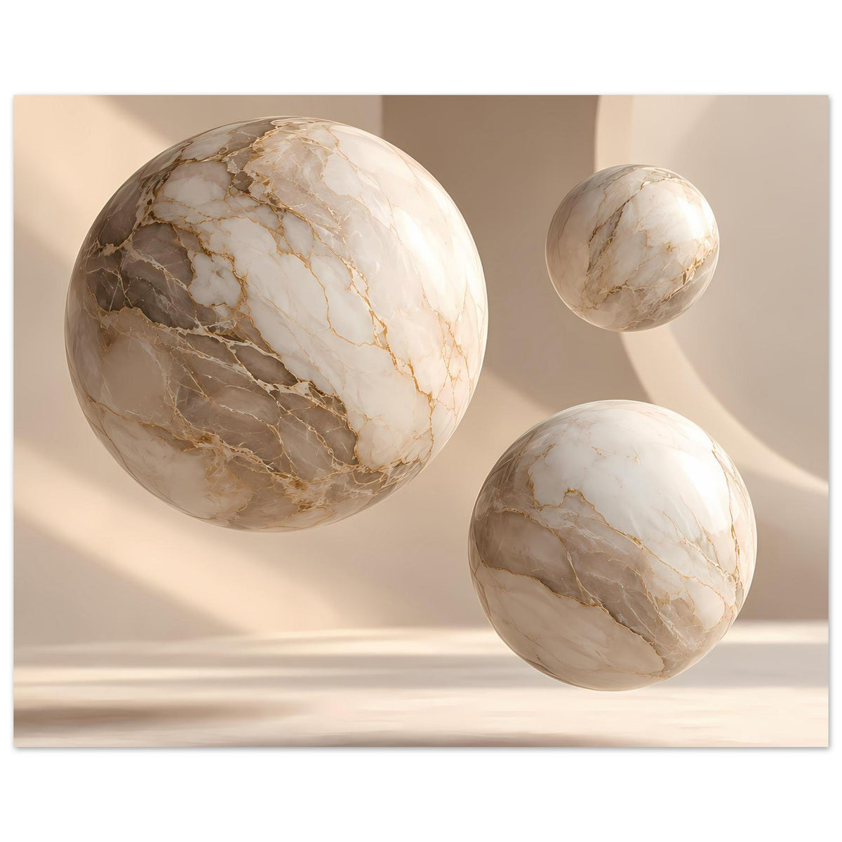 Poster mit einer großen und zwei kleinen Marmor-Kugeln, weiß-beige mit goldenen Schimmeradern