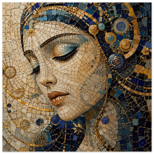 Poster mit Mosaik-Porträt einer Frau in Blau-Gold, naher Blick auf Gesicht und Auge