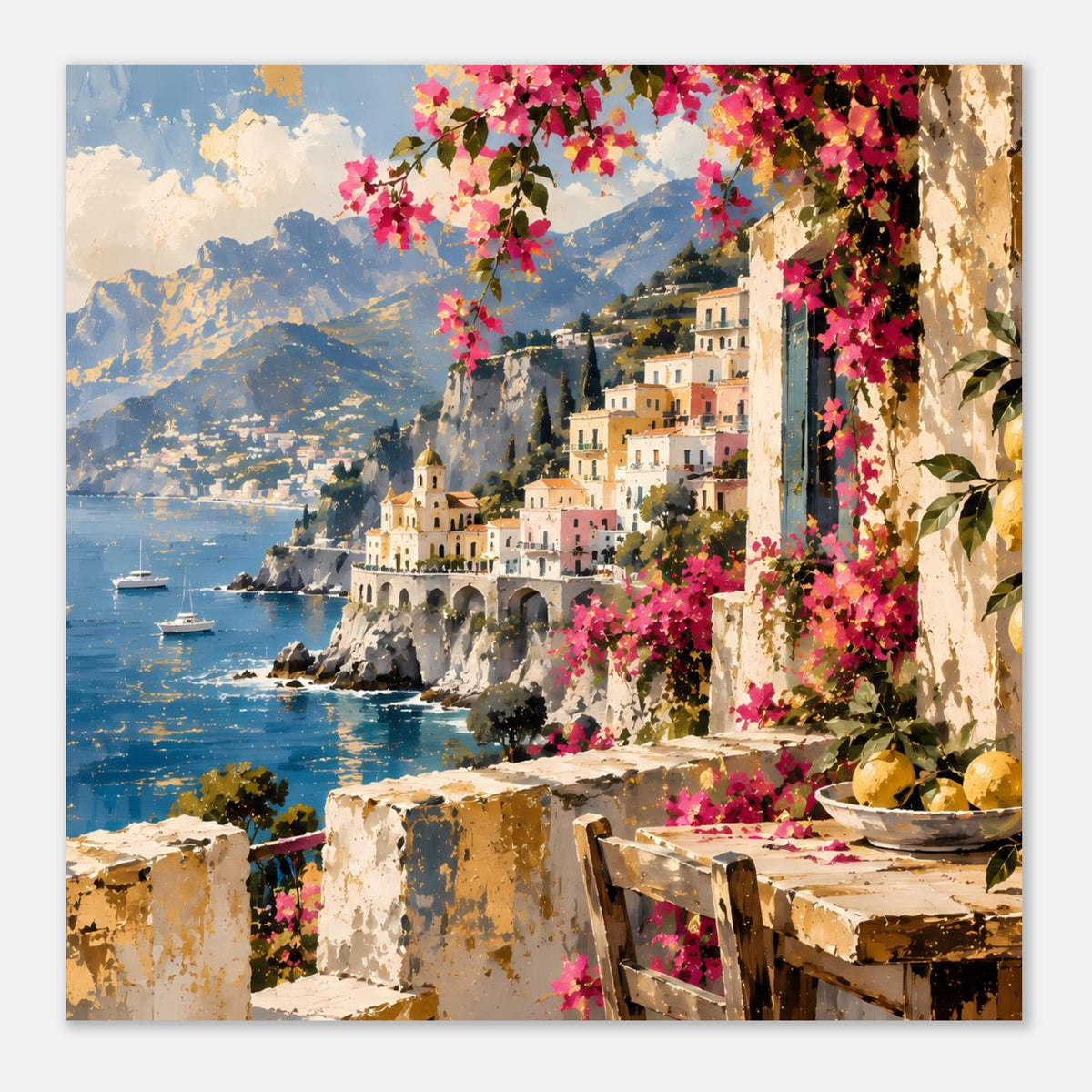 Poster im Hochformat: blaue Bucht, Häuser am Hang, Pinkblüten und Terrasse mit Schalen