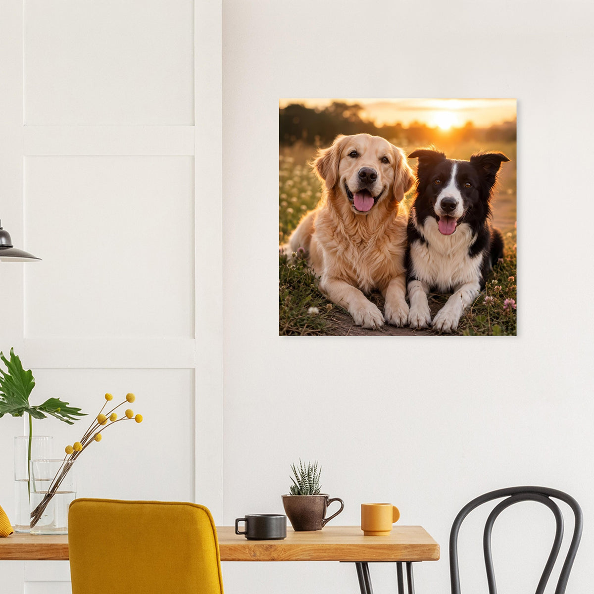 Quadratisches Poster mit zwei Hunden im warmen Sonnenuntergang, freundlich lächelnd