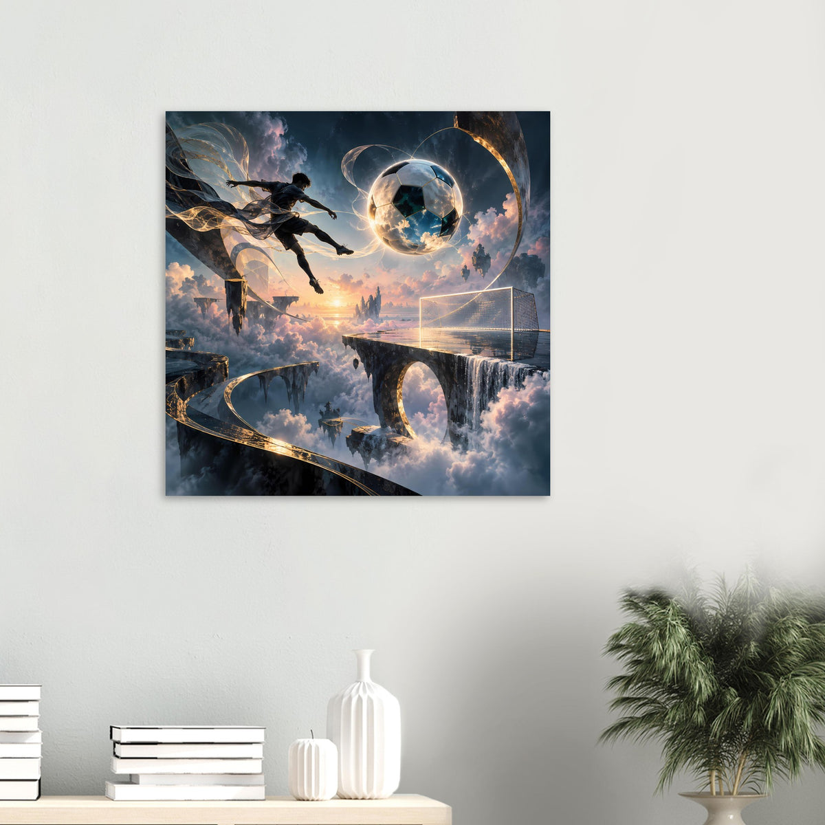 Rechteckiges Fußball-Poster mit leuchtendem Ball, Spieler in Flugpose, Tor und Sci‑Fi-Himmel.