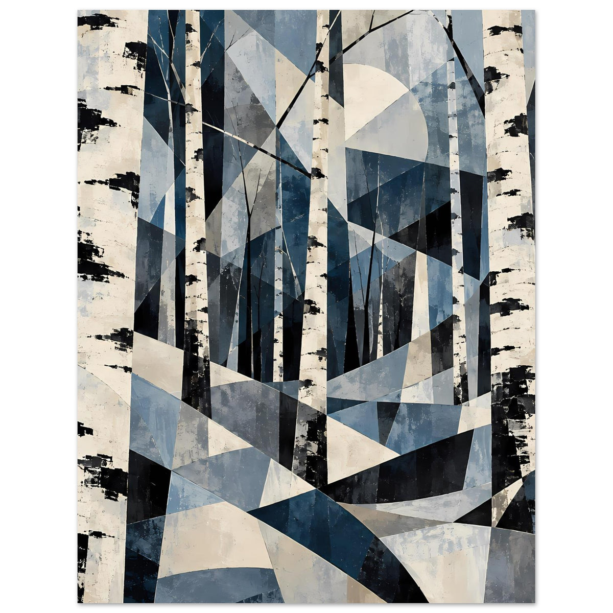 Abstraktes Poster: Birkenwald-Grafik in Blau mit Dreiecks- und Streifenformen