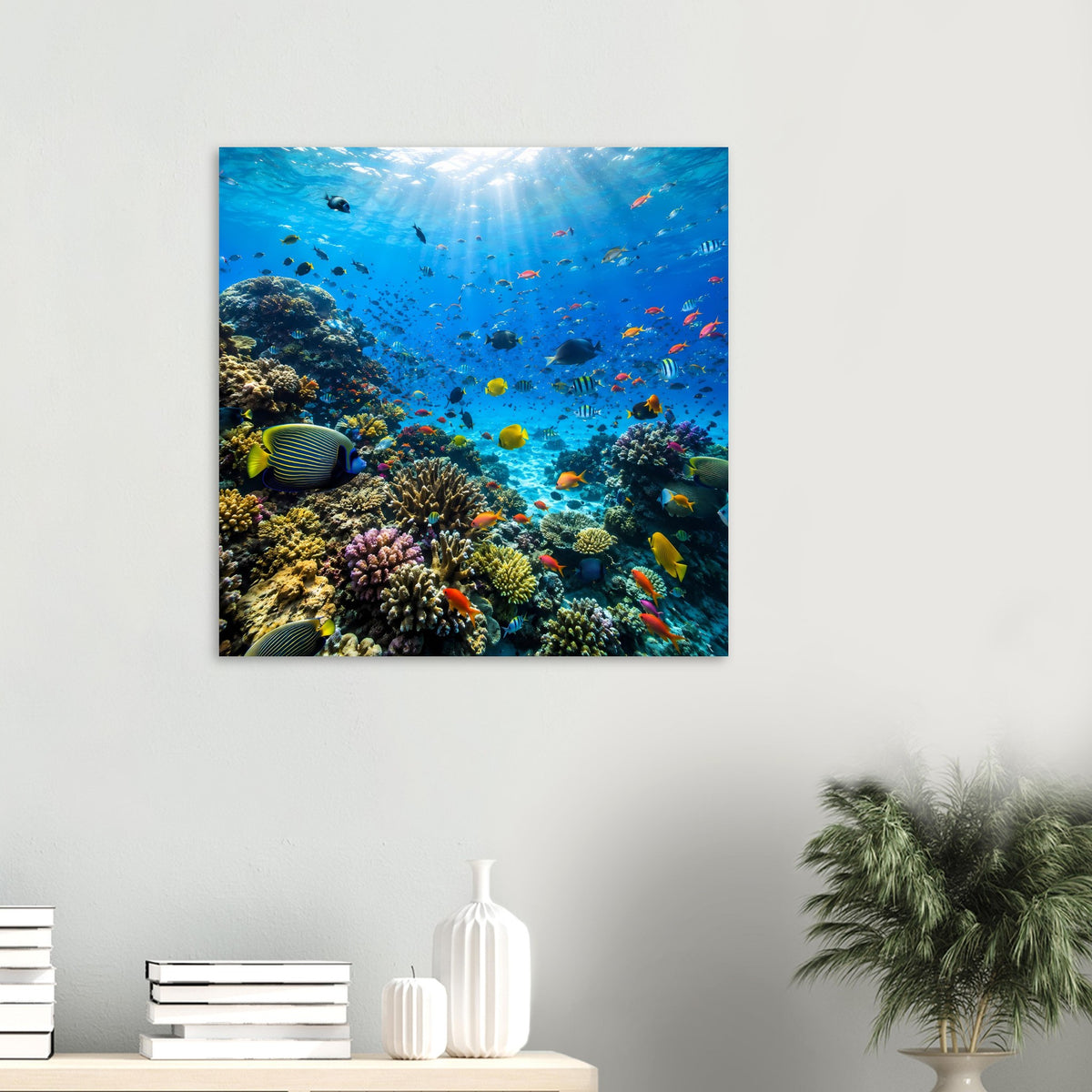 Quadratisches Poster mit Korallenriff und bunten Tropenfischen im türkisblauen Meer, schwarz gerahmt