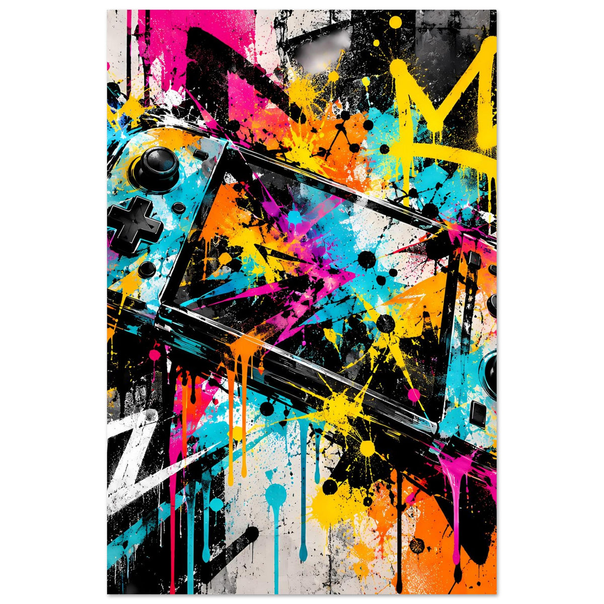 Graffiti-Gaming-Poster, vertikales Format mit Gamecontroller-Motiv und bunten Sprühfarbe-Spritzern