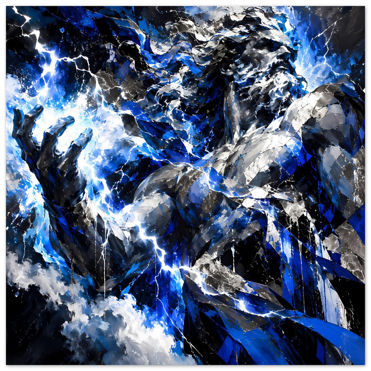 Poster mit abstraktem Blitzmotiv von Zeus in Blau, Schwarz und Weiß, dynamische Textur.