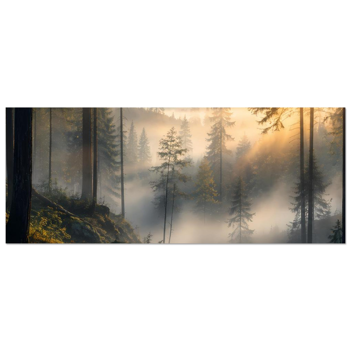 Wandposter mit Waldlandschaft bei Sonnenaufgang, Kiefern und Nebel, horizontal