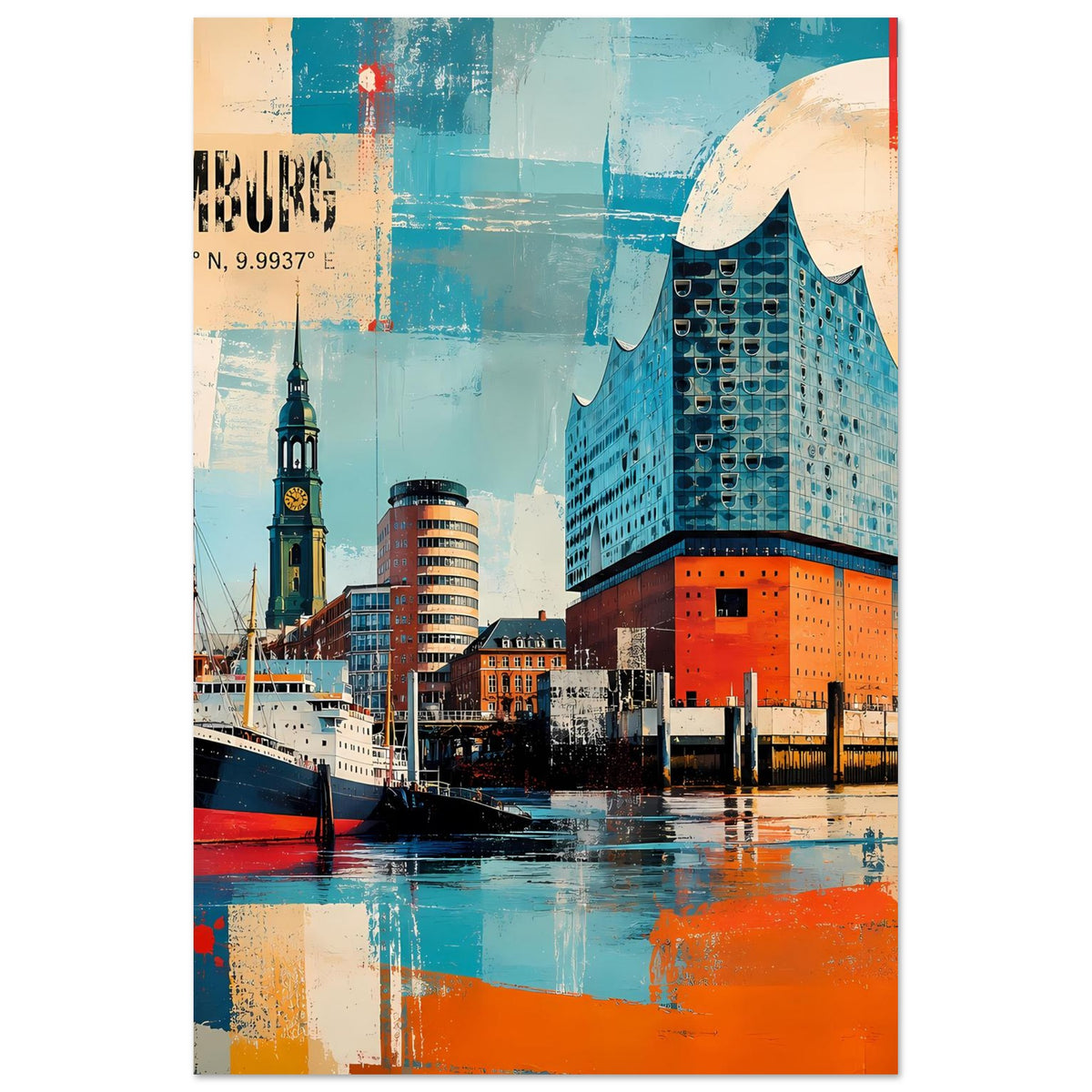 Vertikales Hamburg-Hafen Poster mit Elbphilharmonie in Türkis/Orange, Hafenmotive