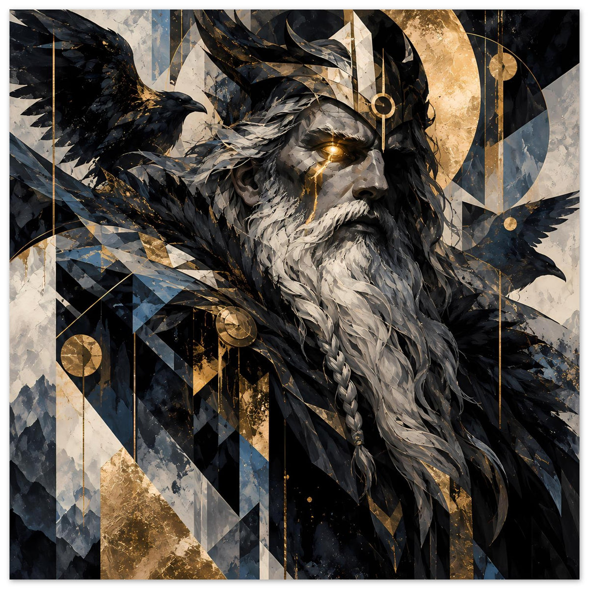 Poster mit Odin-Gesicht: goldfarbenes Auge, grauer Bart, schwarze Umhangfedern und Zierkreise