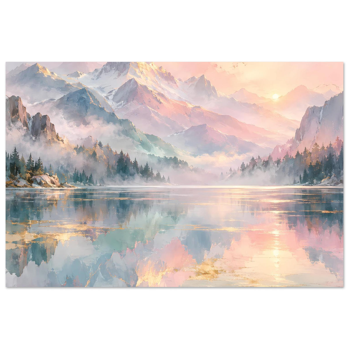 Horizontales Poster mit pastelligen Bergen, Sonnenuntergangsfarben und Reflexionen im See.