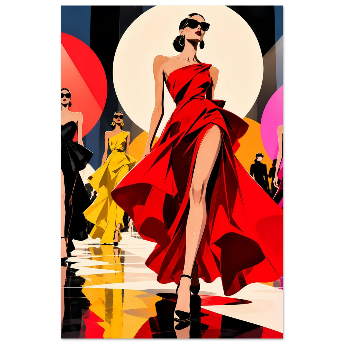 Pop-Art-Fashionposter: rotes Kleid im Zentrum, Laufsteg mit Damen in Schwarz und Pink