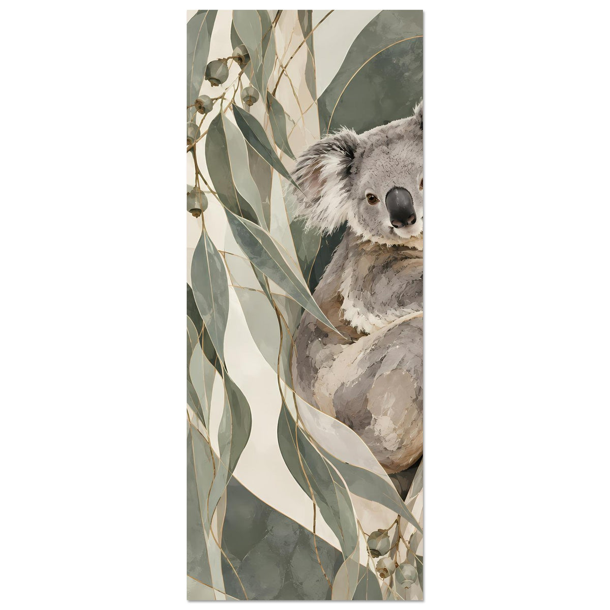 Koala-Porträtposter im Hochformat-Ausschnitt, Koala und Blätter im Vordergrund
