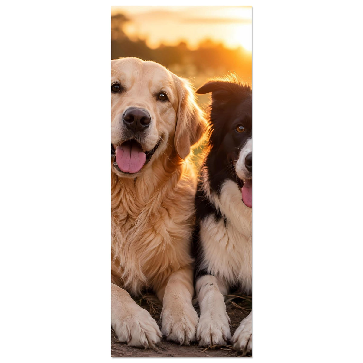 Hochformat-Poster mit zwei Hunden im Portrait, Fokus auf Köpfe und Vorderpfoten