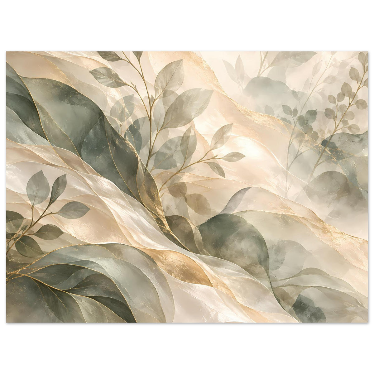 Botanisches Kunstposter mit überlappenden Blättern in Salbeigrün, Creme und Gold, querformatig