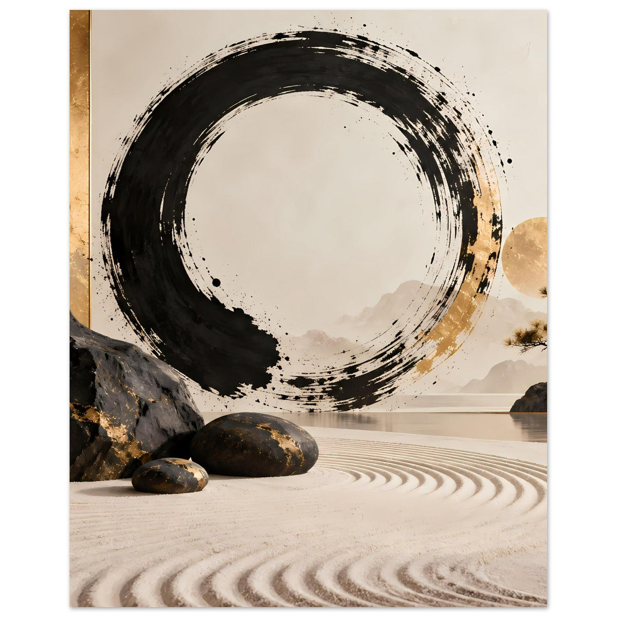 Abstraktes Zen-Poster mit schwarzem Pinselkreis und goldenem Lichtakzent