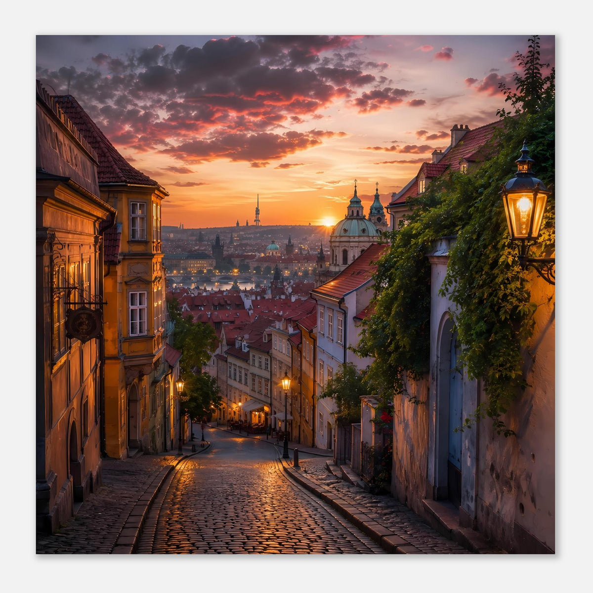 Wandposter: Prager Altstadtgasse im Sonnenuntergang, Kopfsteinpflaster und Kirchturm