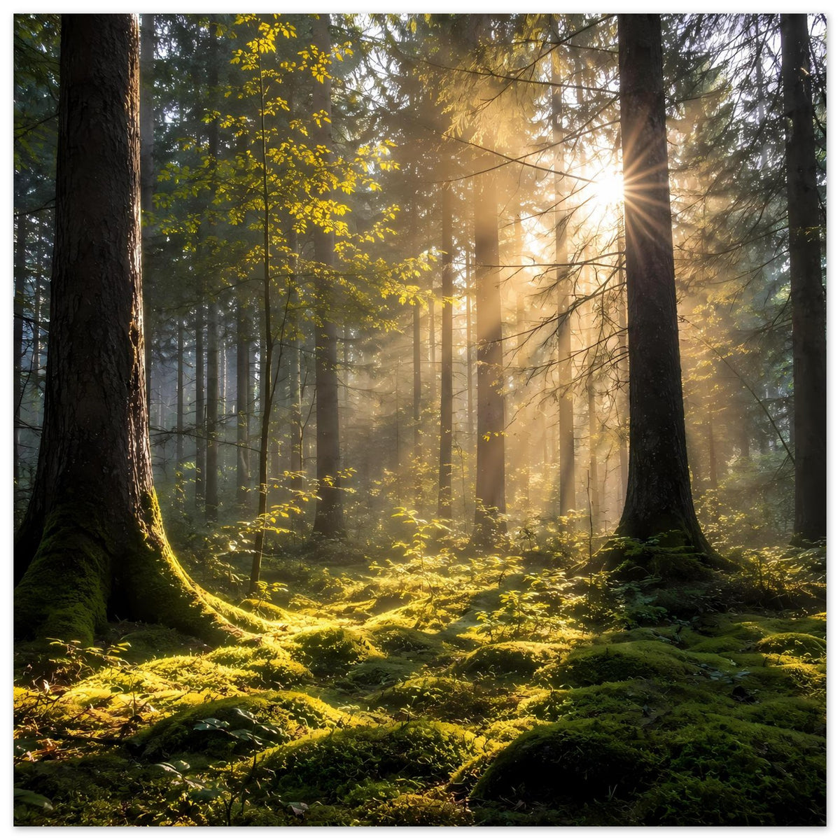 Waldlandschafts-Poster mit Waldlichtung im Hintergrund, Bäume und leuchtender Bodenvegetation